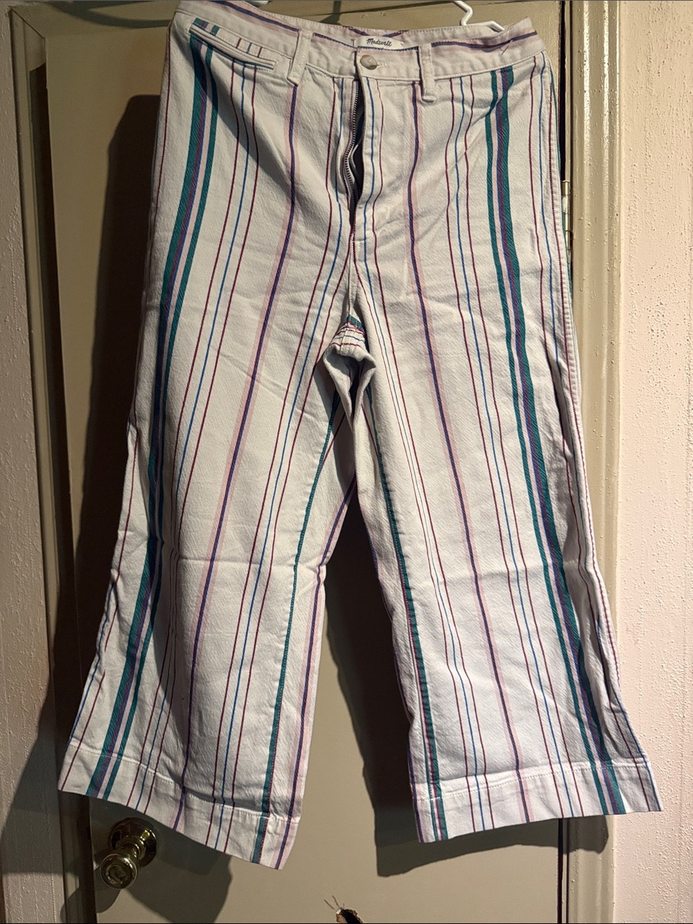 Madewell White Straight-Leg Jeans with Purple and Teal Stripes